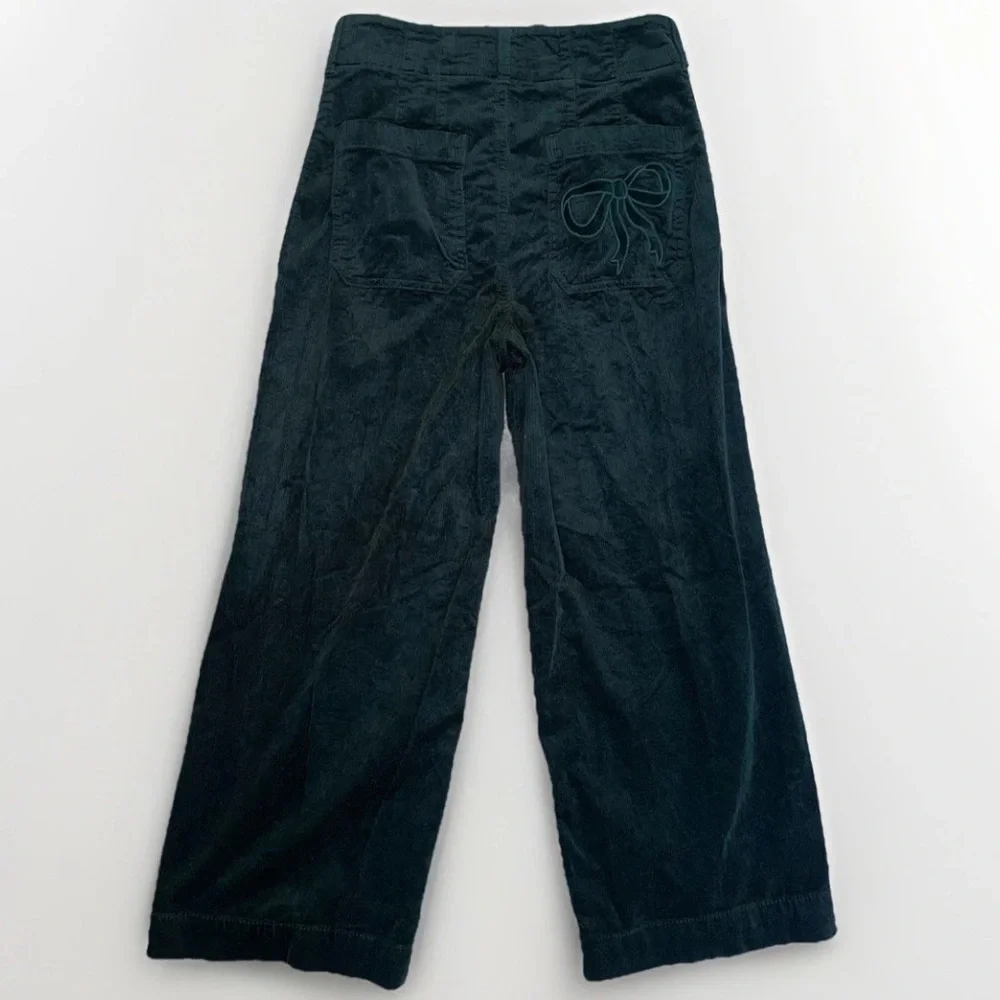 Anthropologie Maeve Colette Bow Corduroy Wide Crop Leg Pants 28 Forest Green - Picture 5 of 14